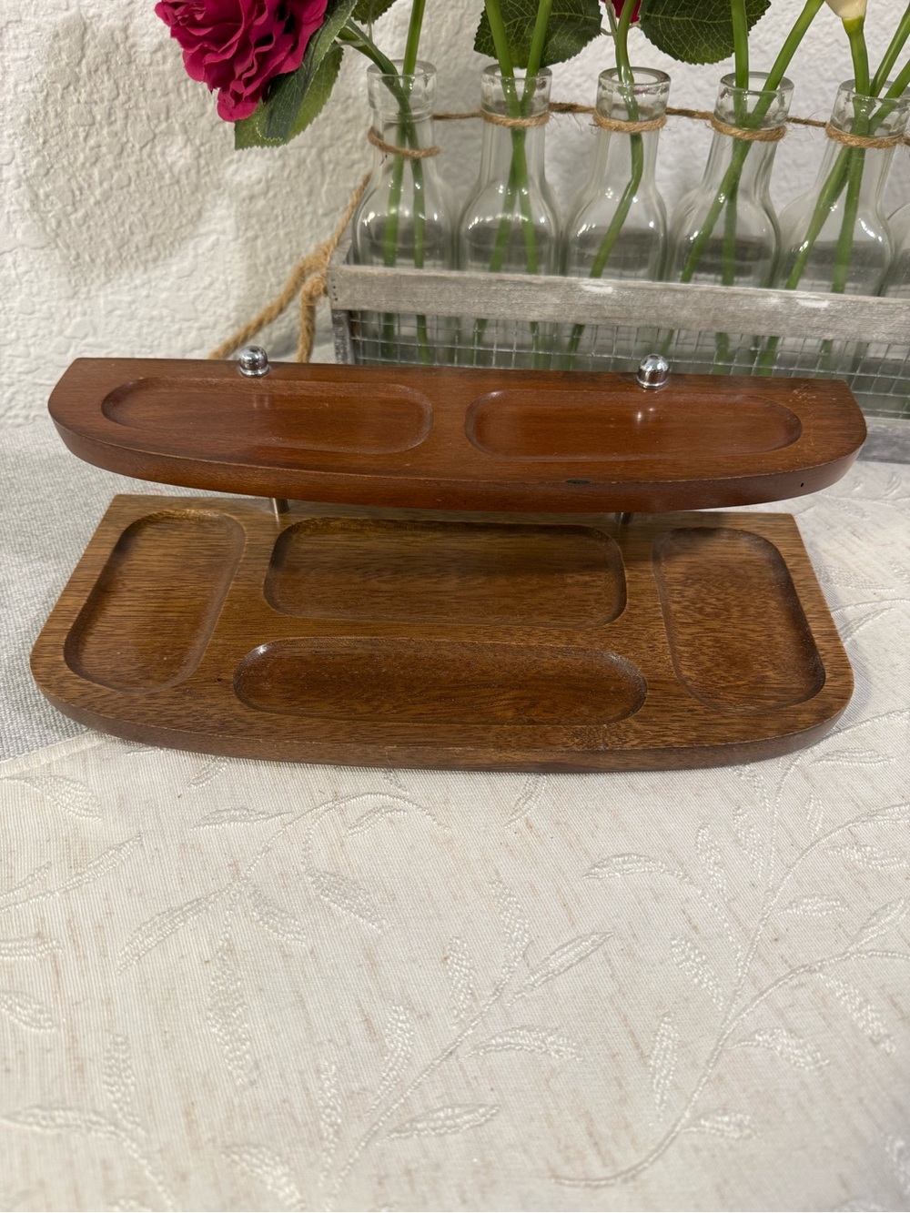 Vintage MCM 2-Tier Wooden Valet Tray Dresser Organizer Made in Taiwan